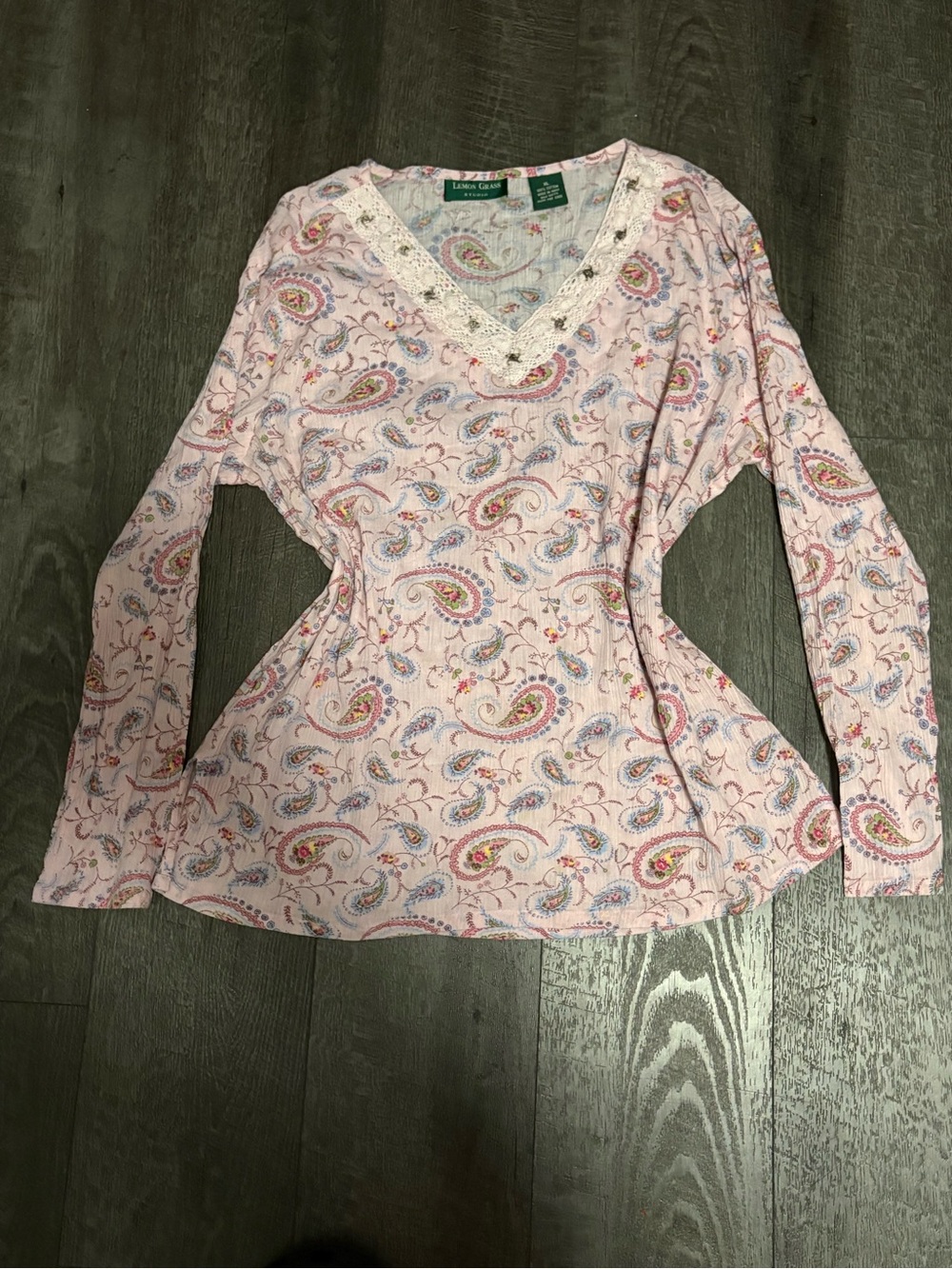 Light Pink Paisley Lace-Trim V-Neck Long Sleeve Top